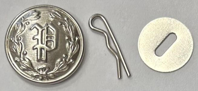 P UNIFORM JACKET NICKEL BUTTON SET = 1 P NICKEL BUTTON, 1 DISC & 1 COTTER PIN.